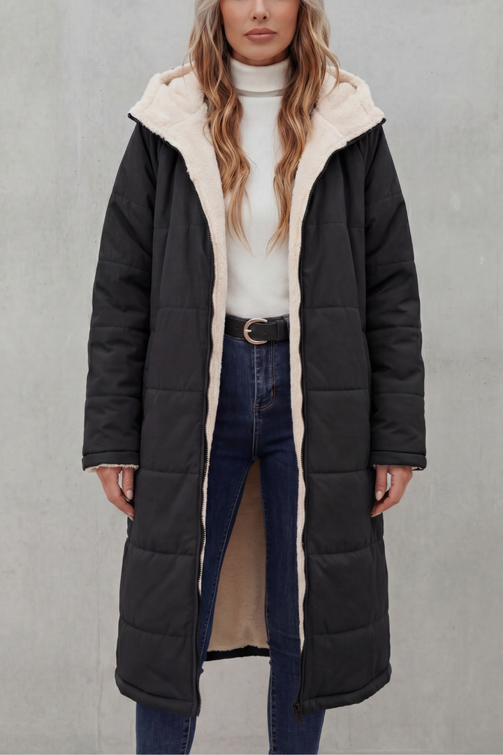 Sherpa Long Puffer Fleece Winter Jacket - Black