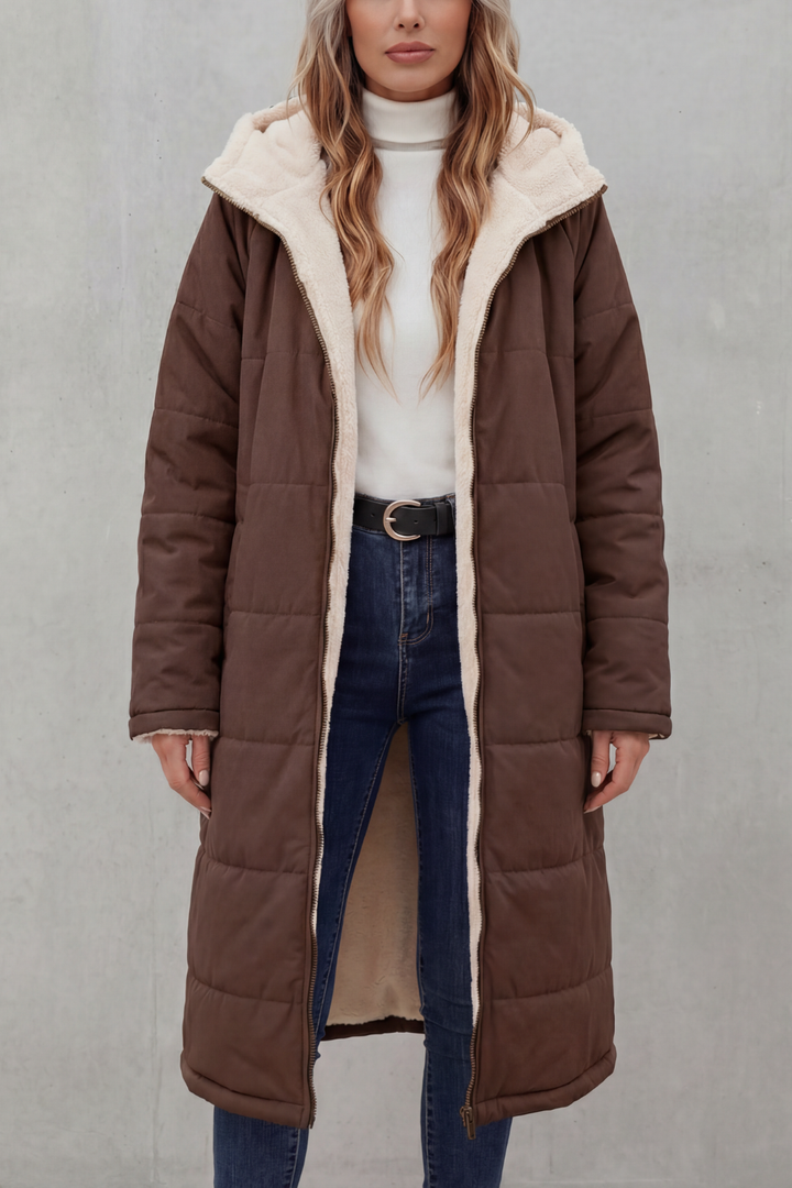 Sherpa Long Puffer Fleece Winter Jacket - Brown