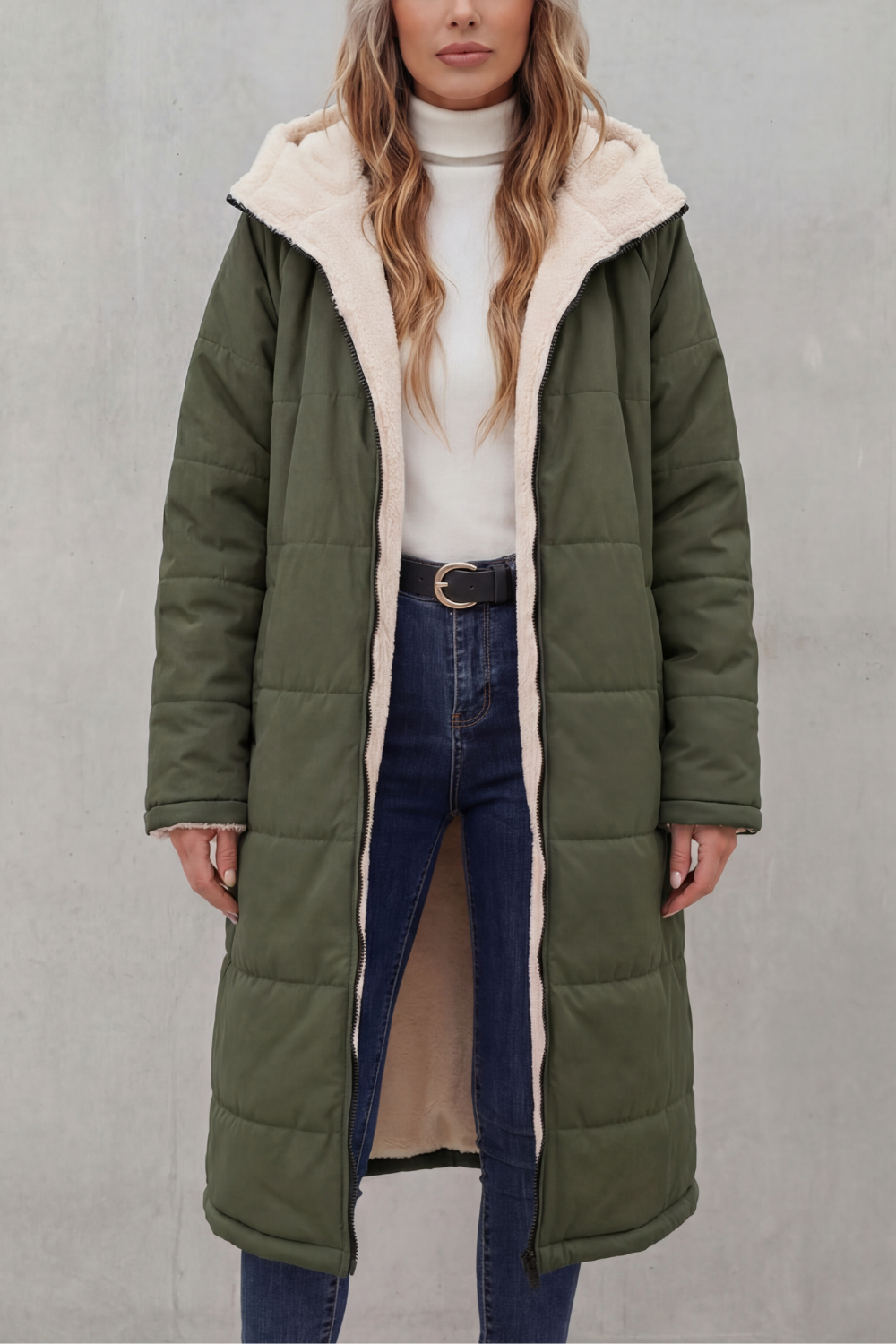 Sherpa Long Puffer Fleece Winter Jacket - Green