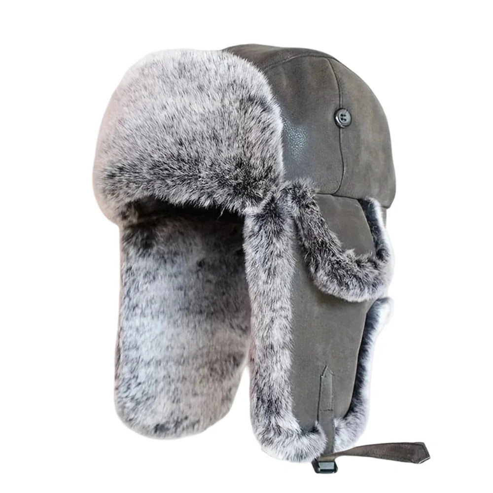 Men's Faux Leather Fur Winter Ushanka Trapper Hat - Black