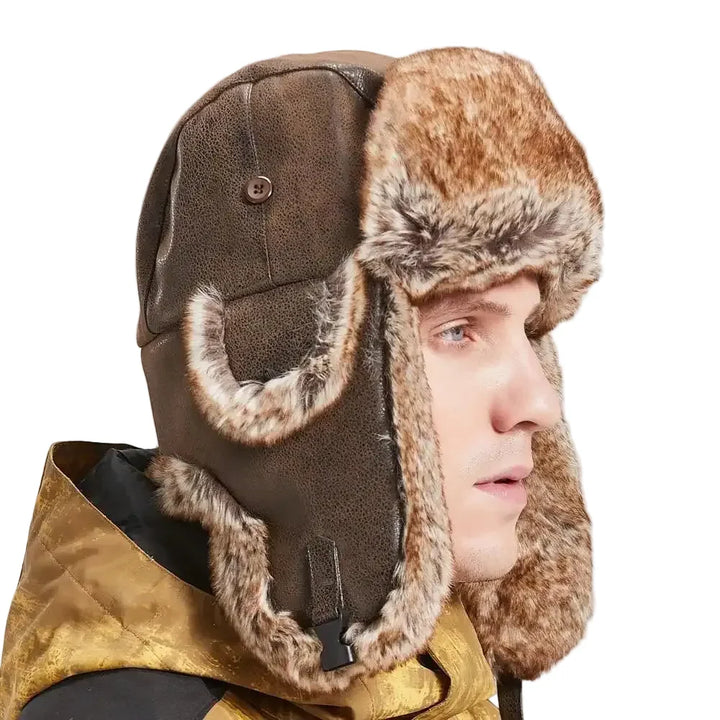 Men's Faux Leather Fur Winter Ushanka Trapper Hat