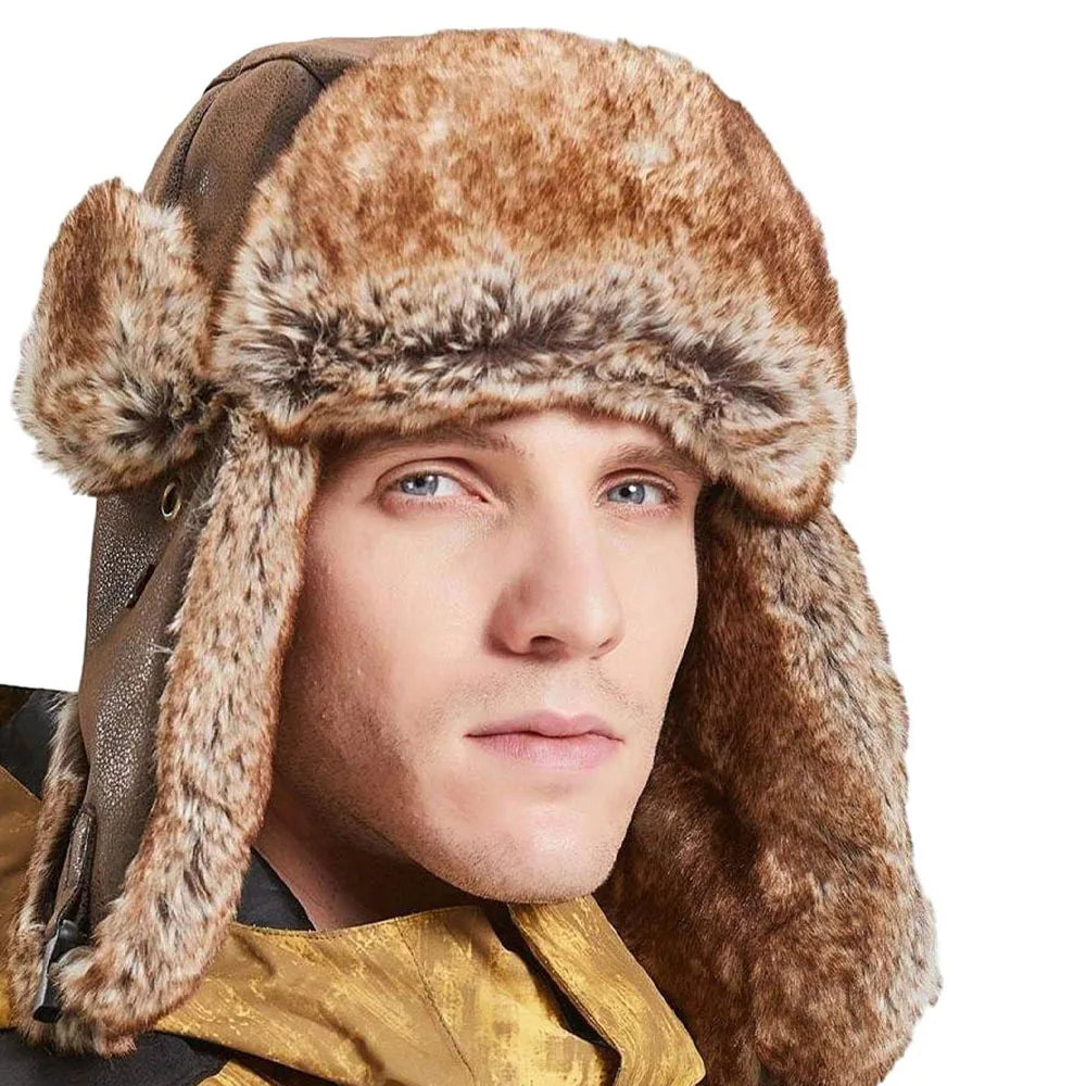 Men's Faux Leather Fur Winter Ushanka Trapper Hat