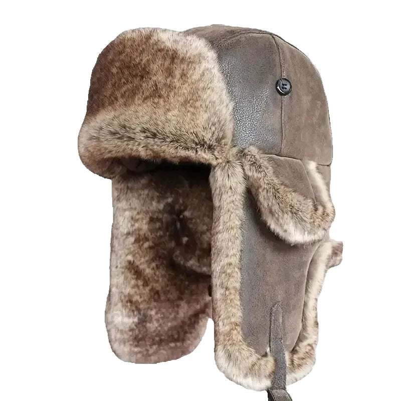 Men's Faux Leather Fur Winter Ushanka Trapper Hat - Brown