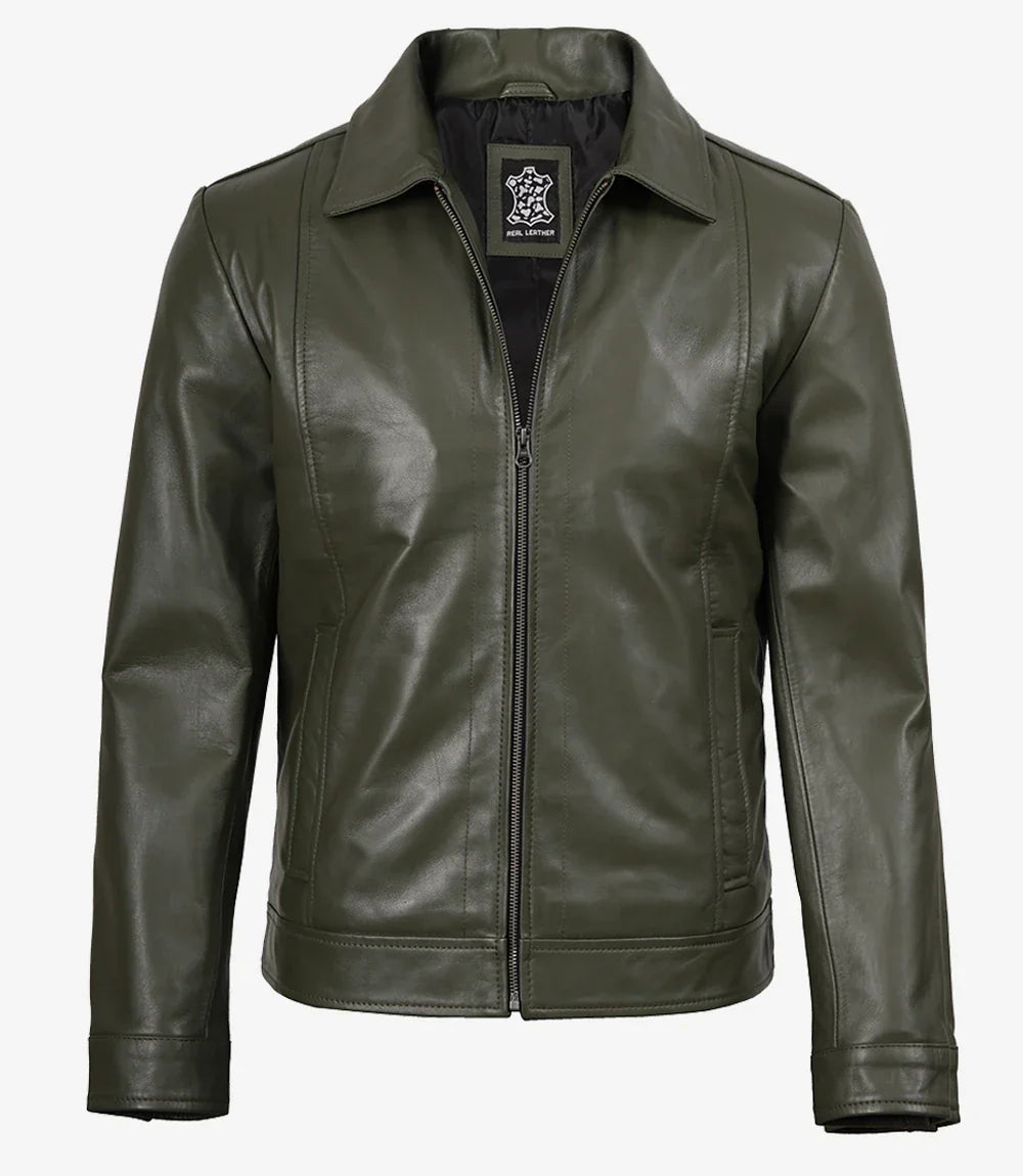 Crawford | Olive Leather Collar Jacket