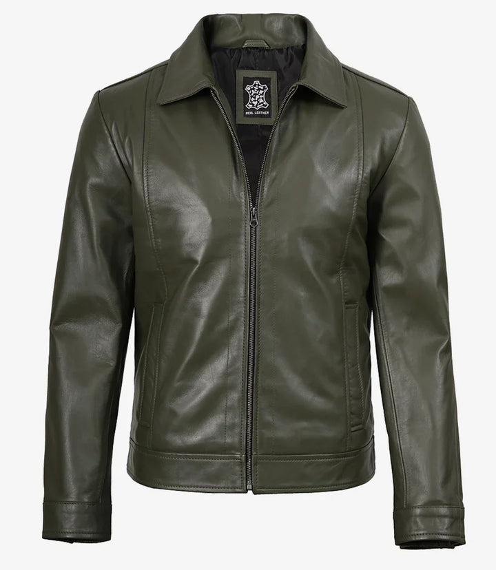 Crawford | Olive Leather Collar Jacket