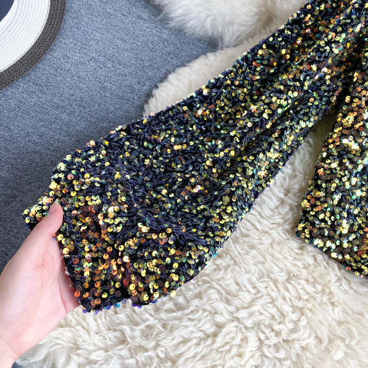 Long Sleeve Crop Sparkly Sequin Top - Blue-Gold