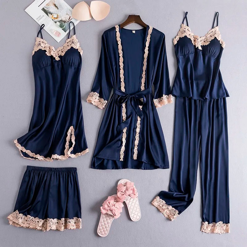 Women's Elegant Satin Silk Breathable Robe Set - Navy