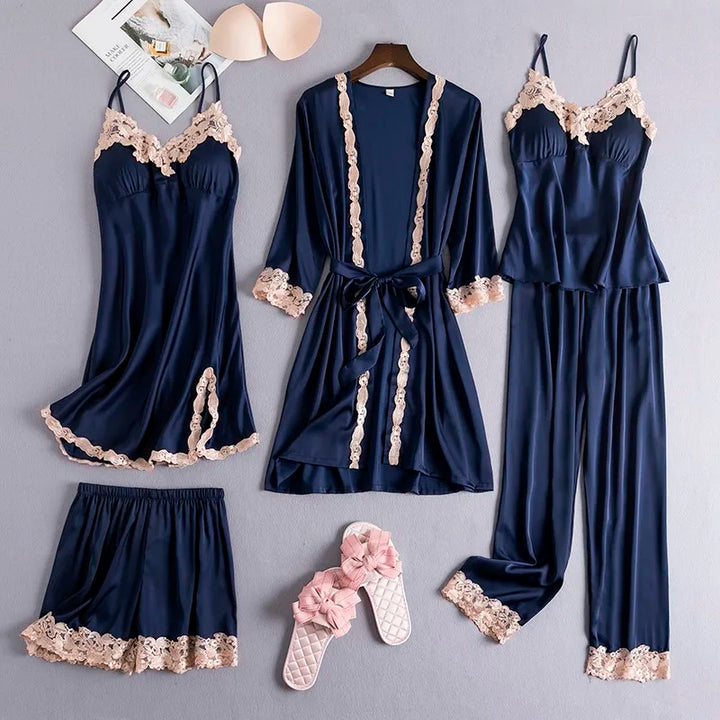 Women's Elegant Satin Silk Breathable Robe Set - Navy