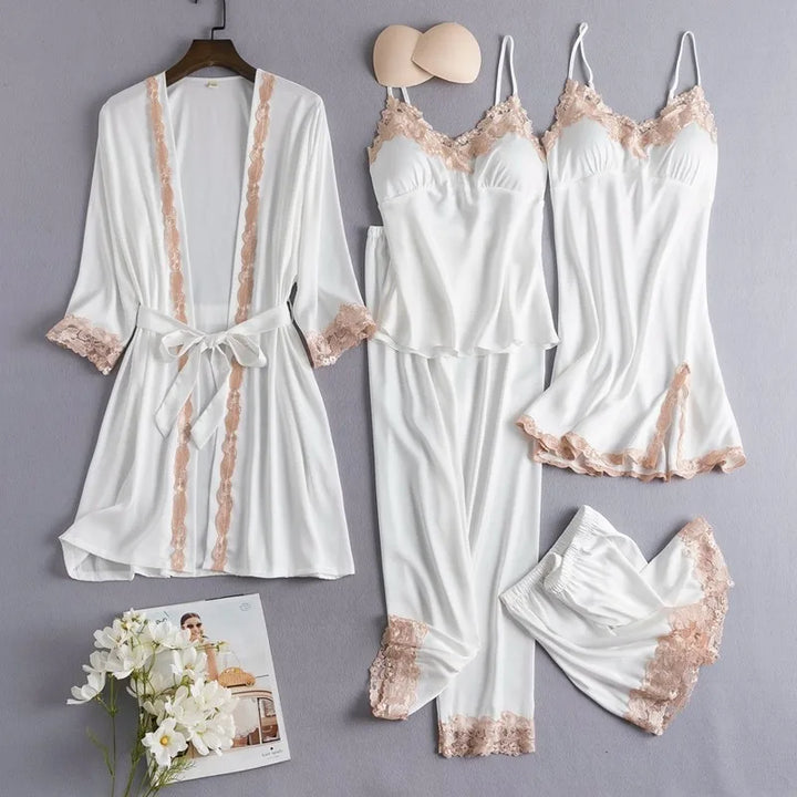 Women's Elegant Satin Silk Breathable Robe Set - White