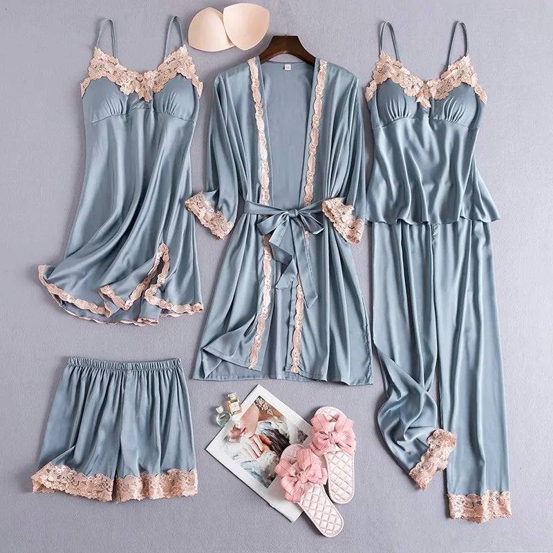 Women's Elegant Satin Silk Breathable Robe Set - Blue