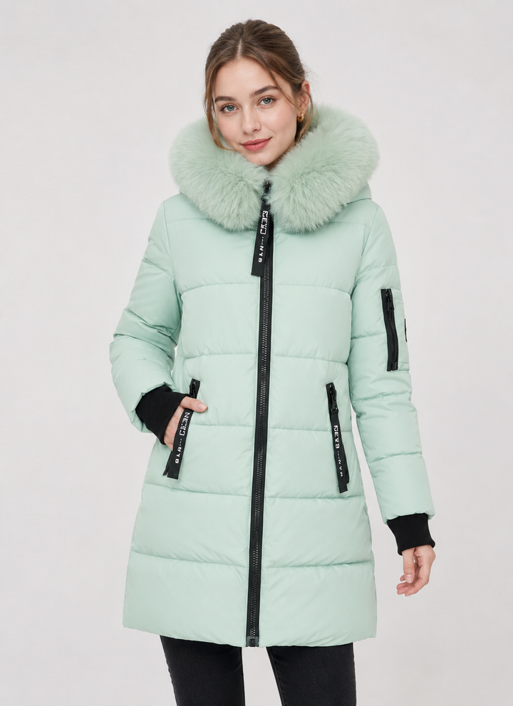 Women's Fur Hood Long Puffer Winter Jacket - Green