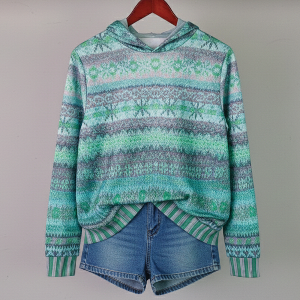 Olive women's printed ribbed knit hoodie - photo 2