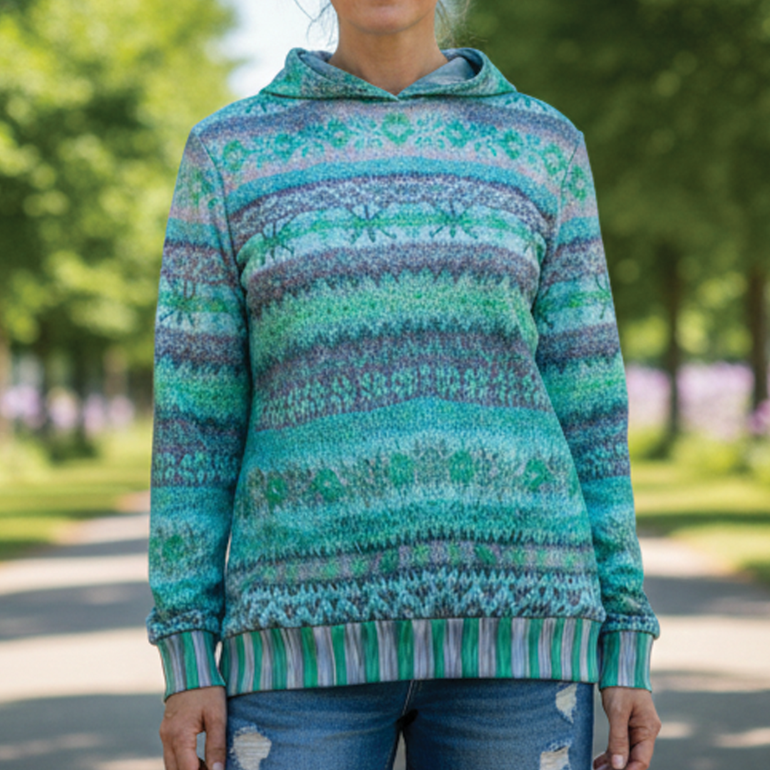 Olive women's printed ribbed knit hoodie - photo 1