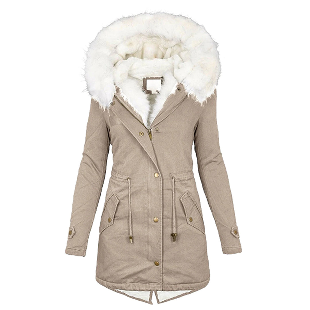 Women's Classic Winter Hooded Faux Fur Coat - Khaki