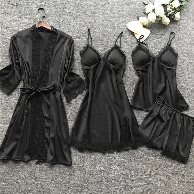Women's Lounge Matching Silk Pajama Set - Black