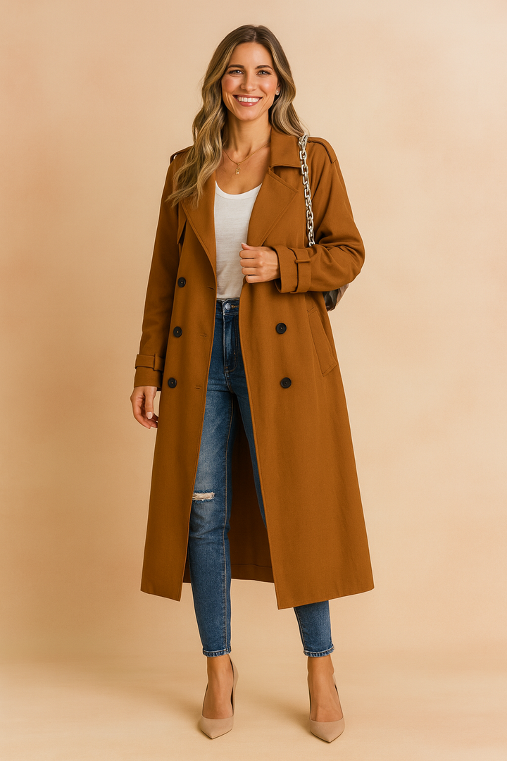 Women's Double-Breasted Long Peacoat - Brown
