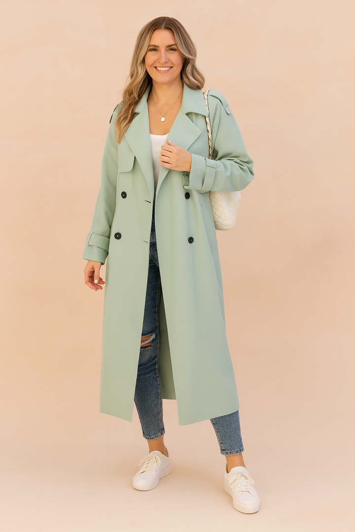 Women's Double-Breasted Long Peacoat - Light Green