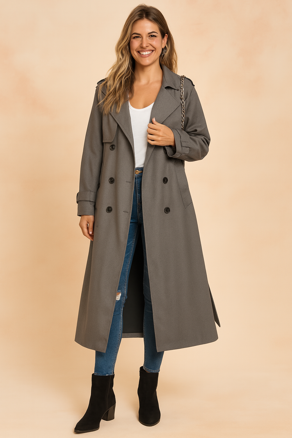 Women's Double-Breasted Long Peacoat - Grey