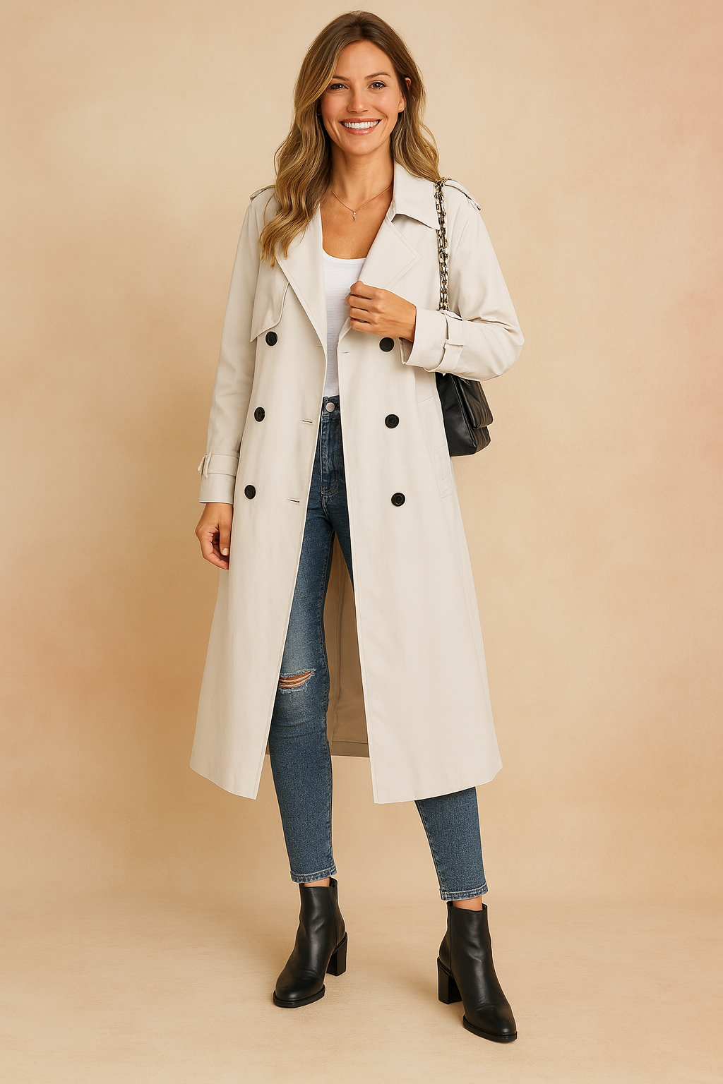 Women's Double-Breasted Long Peacoat - White
