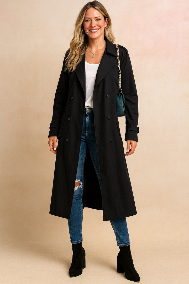 Women's Double-Breasted Long Peacoat - Black