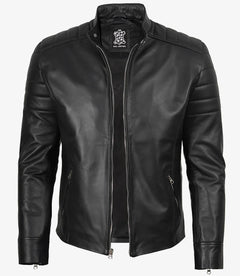 Sullivan | Black Leather Café Racer Jacket with Quilted Shoulders