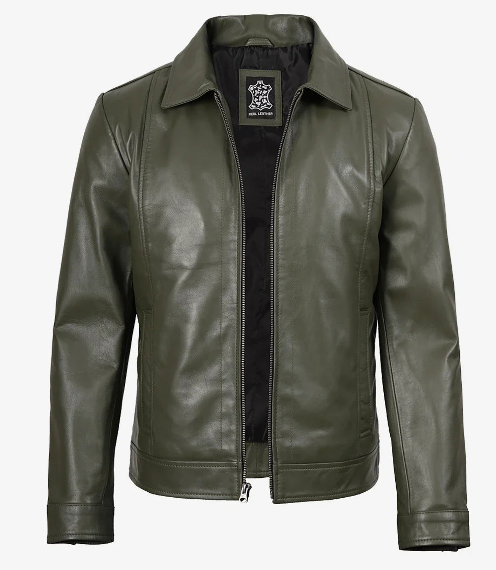 Crawford | Olive Leather Collar Jacket