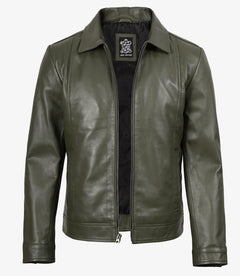 Crawford | Olive Leather Jacket with a Shirt Collar
