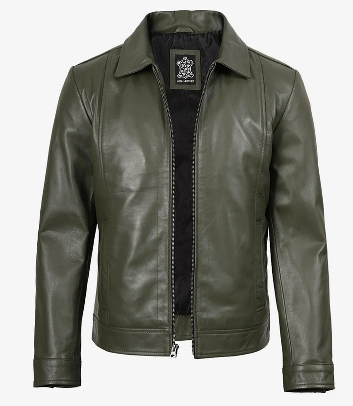 Crawford | Olive Leather Collar Jacket