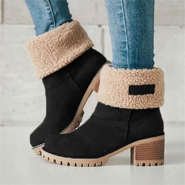 Women's Stylish Heeled Faux Fur Snow Boots - Black