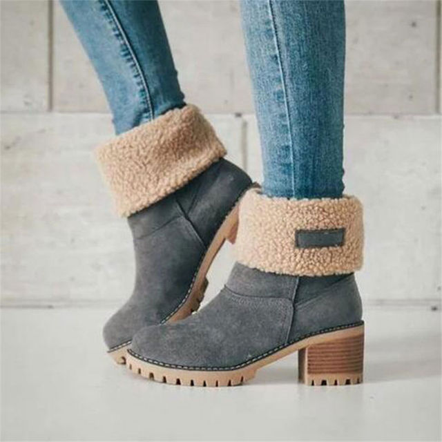 Women's Stylish Heeled Faux Fur Snow Boots - Grey