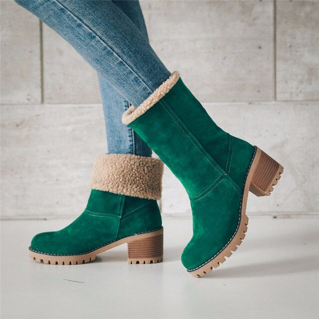 Women's Stylish Heeled Faux Fur Snow Boots - Green