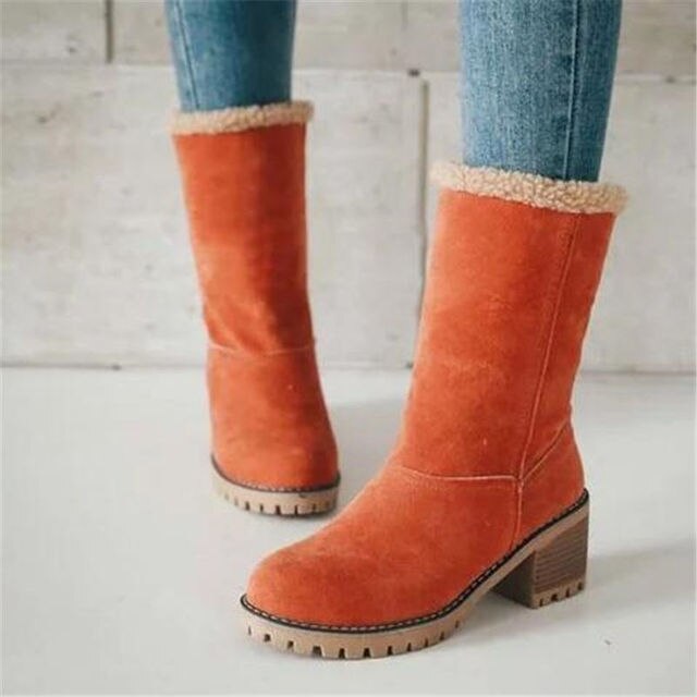 Women's Stylish Heeled Faux Fur Snow Boots - Orange