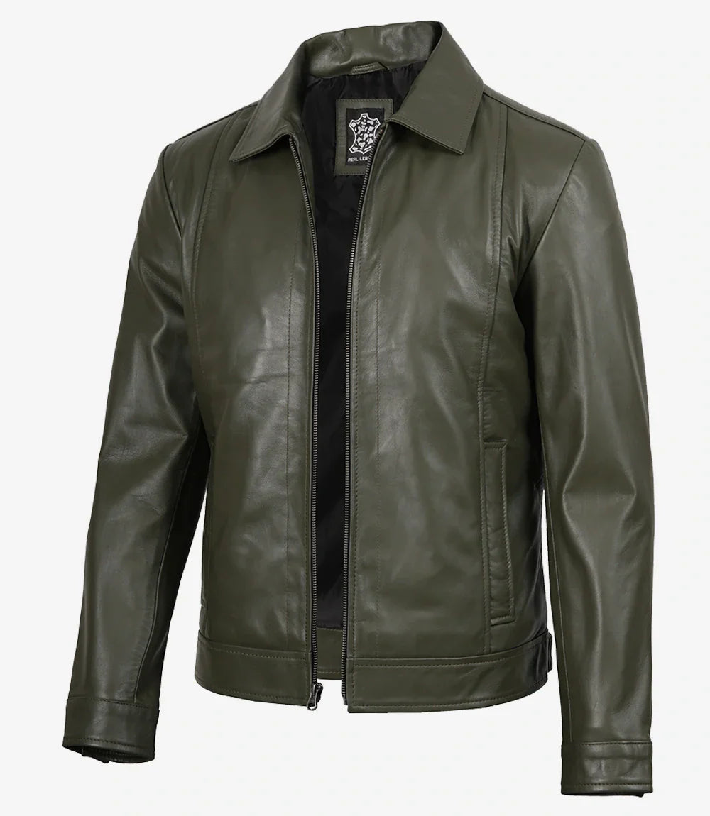 Crawford | Olive Leather Collar Jacket