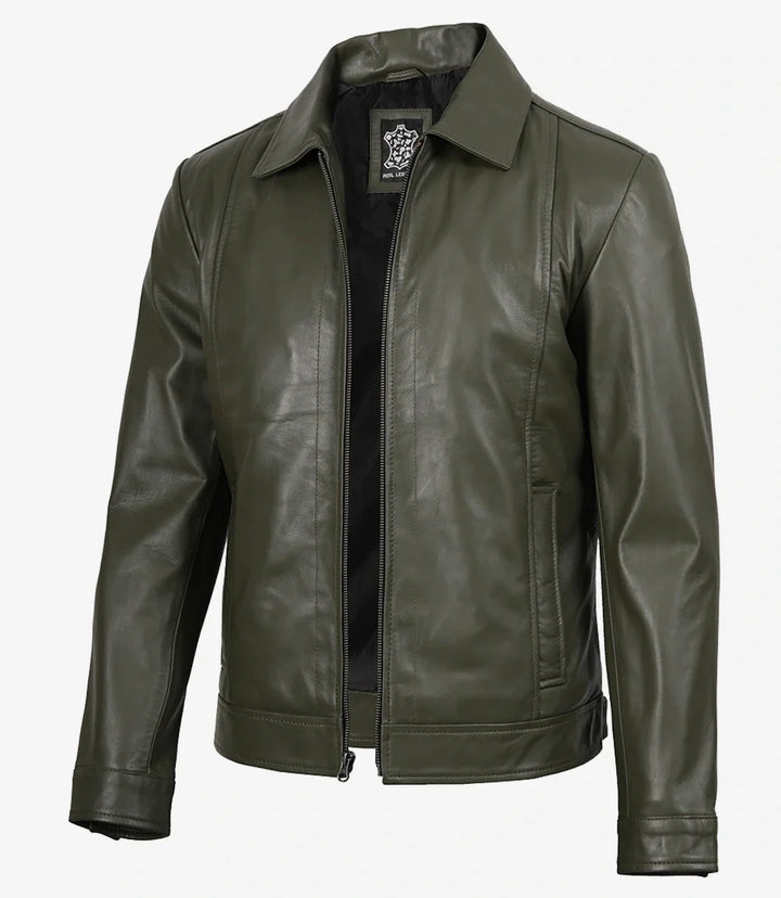 Crawford | Olive Leather Collar Jacket