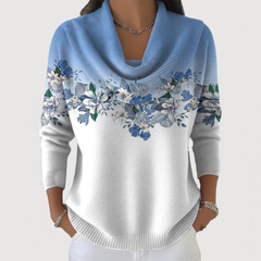Alora | Feminine Floral Knit Sweater with a Draped Neckline
