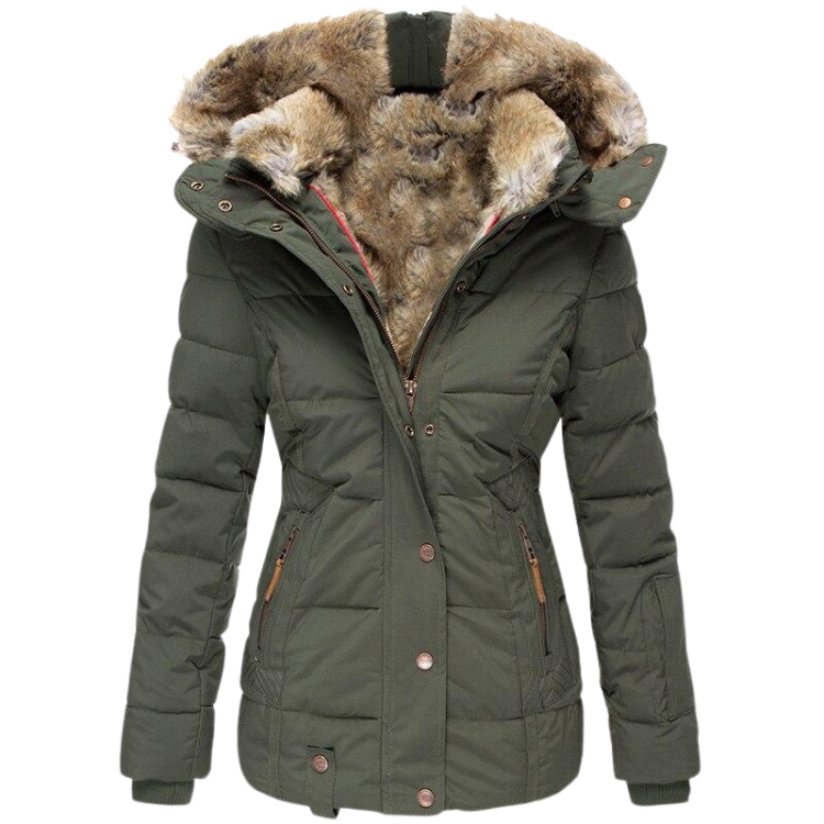 Women's Quilted Faux Fur Collar Winter Coat - Green