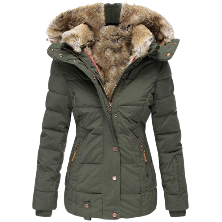 Women's Quilted Faux Fur Collar Winter Coat - Green
