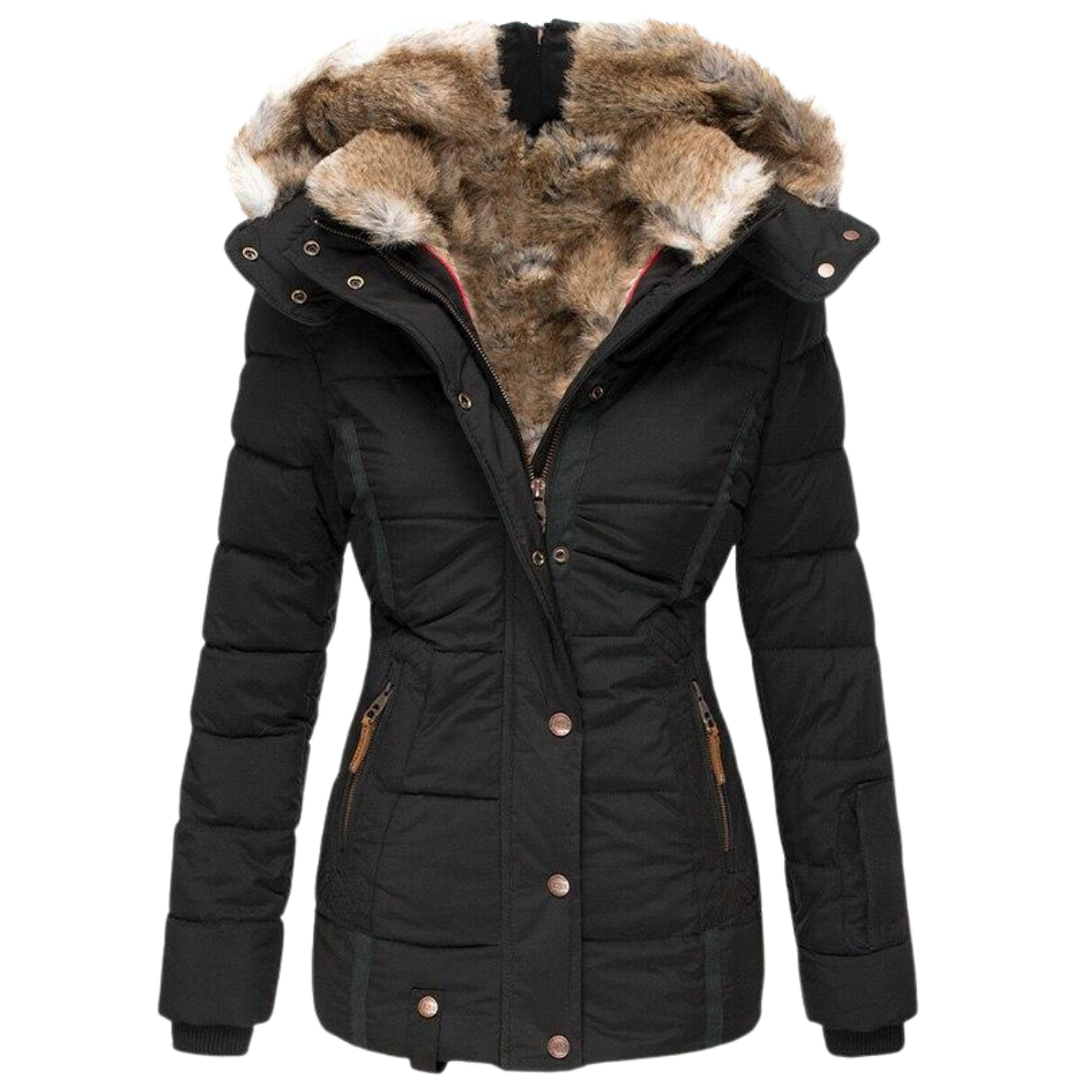 Women's Quilted Faux Fur Collar Winter Coat - Black