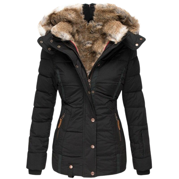 Women's Quilted Faux Fur Collar Winter Coat - Black