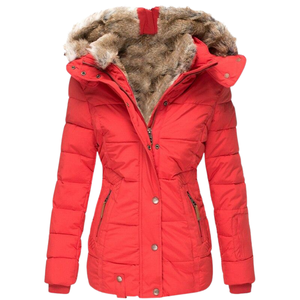 Women's Quilted Faux Fur Collar Winter Coat - Red