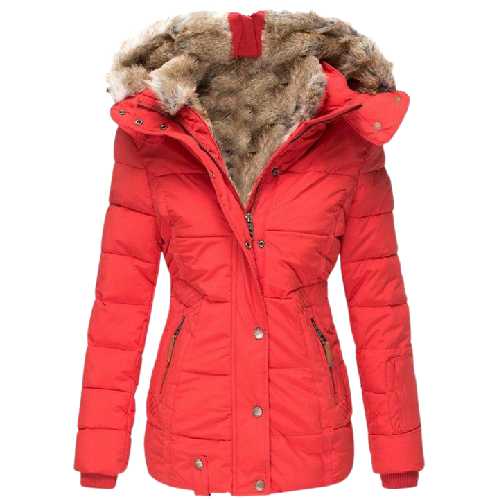 Women's Quilted Faux Fur Collar Winter Coat - Red