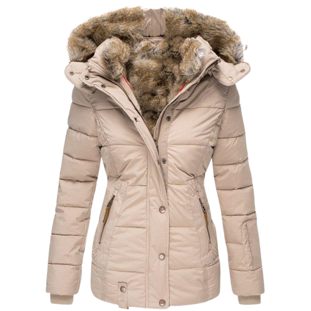 Women's Quilted Faux Fur Collar Winter Coat - Beige