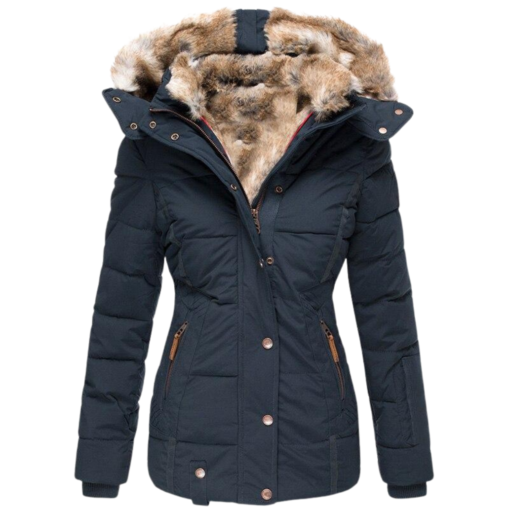 Women's Quilted Faux Fur Collar Winter Coat - Dark Blue
