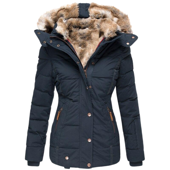 Women's Quilted Faux Fur Collar Winter Coat - Dark Blue