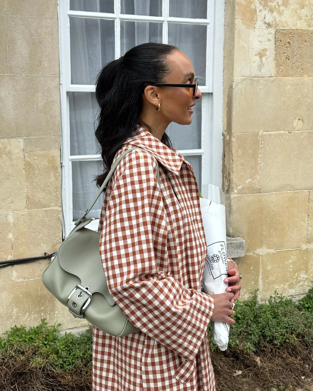Women's Long Single-Breasted Gingham Trench Coat