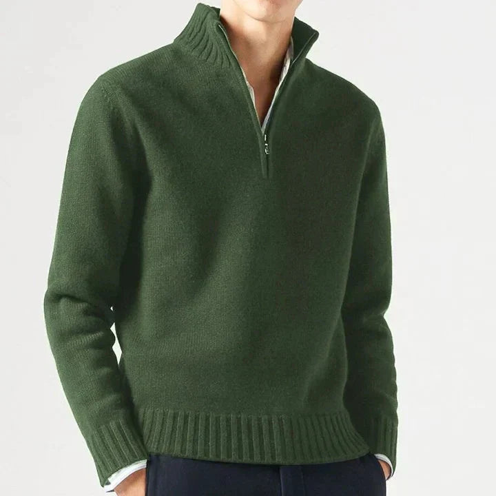 Men's Wool Knit Quarter Zip Sweater - Dark Green