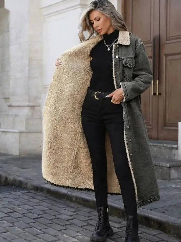Women's Long Fleece Lined Denim Coat
