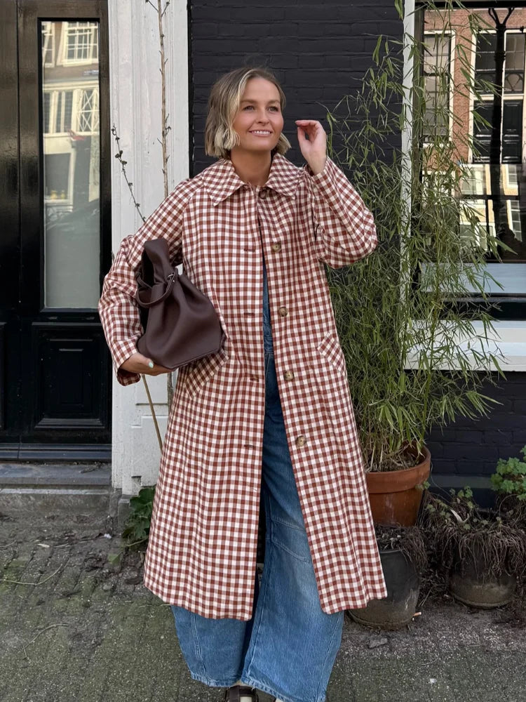 Women's Long Single-Breasted Gingham Trench Coat