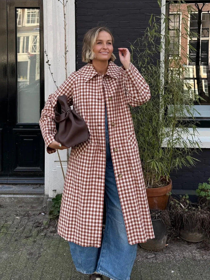 Women's Long Single-Breasted Gingham Trench Coat