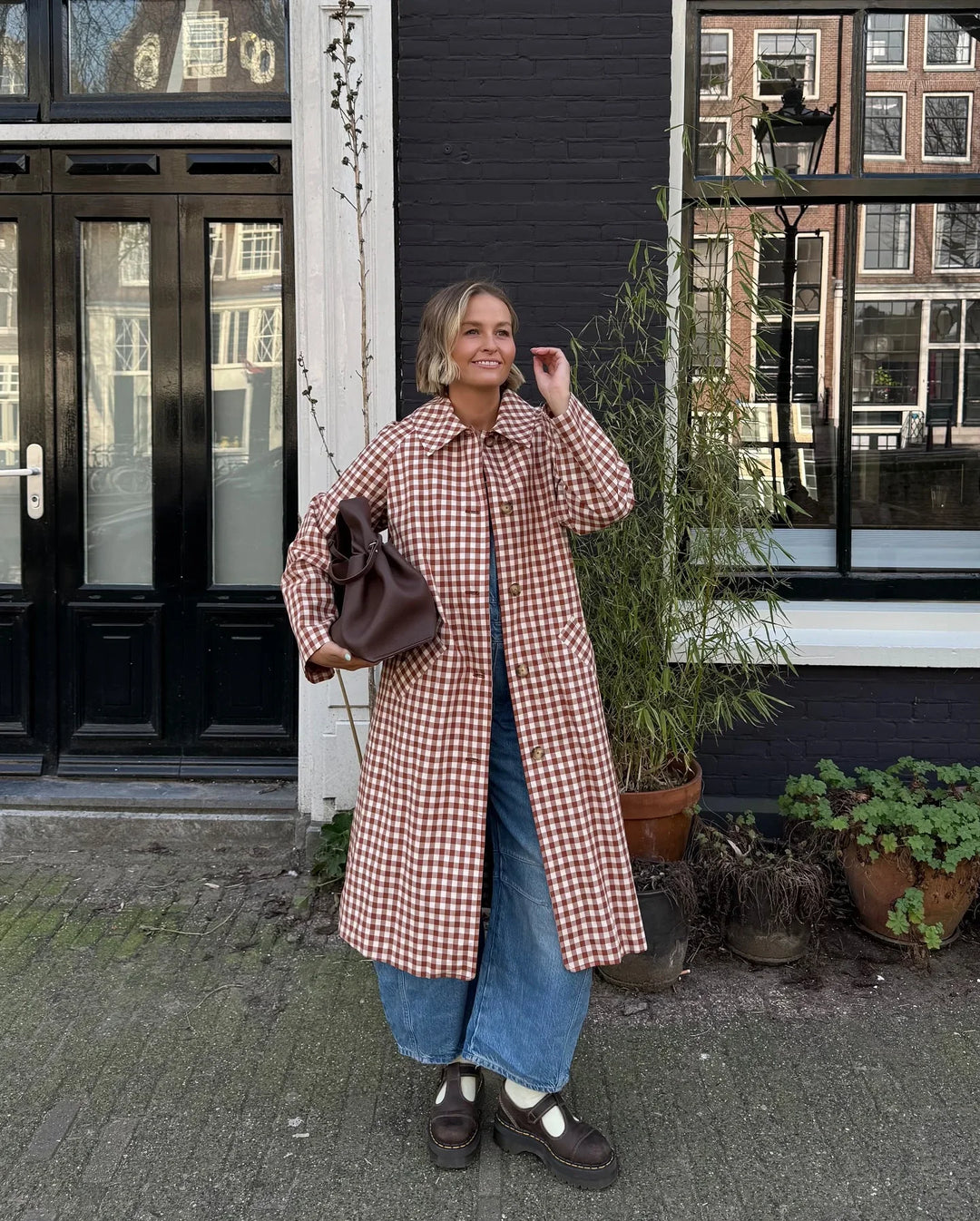 Women's Long Single-Breasted Gingham Trench Coat
